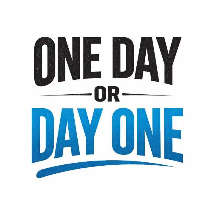 Create a motivational typography t-shirt design with the phrase "ONE DAY OR DAY ONE" using a mix of bold and light sans-serif fonts to emphasize contrast. Align the text horizontally with clear hierarchy between lines. Background should be solid white. Use 1:1 aspect ratio.