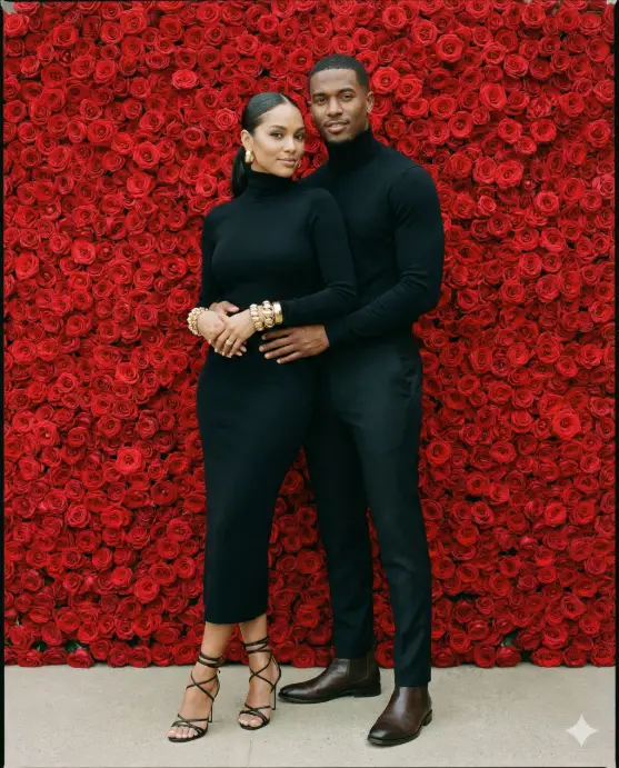 Create a sophisticated photo of a fashionable couple posing against a wall covered entirely in red roses. The woman wears a form-fitting black turtleneck dress with gold accessories and strappy black heels, her hair slicked back in a low ponytail. The man wears all black including a fitted turtleneck, tailored trousers, and leather Chelsea boots. Shot straight-on at a slightly lower angle to emphasize their confident poses. Even, soft lighting eliminates harsh shadows. The man stands behind the woman with his arms wrapped around her waist, both looking directly at the camera with subtle smiles. Editorial fashion photography style with rich colors and sharp detail. Use aspect ratio 4:5.
