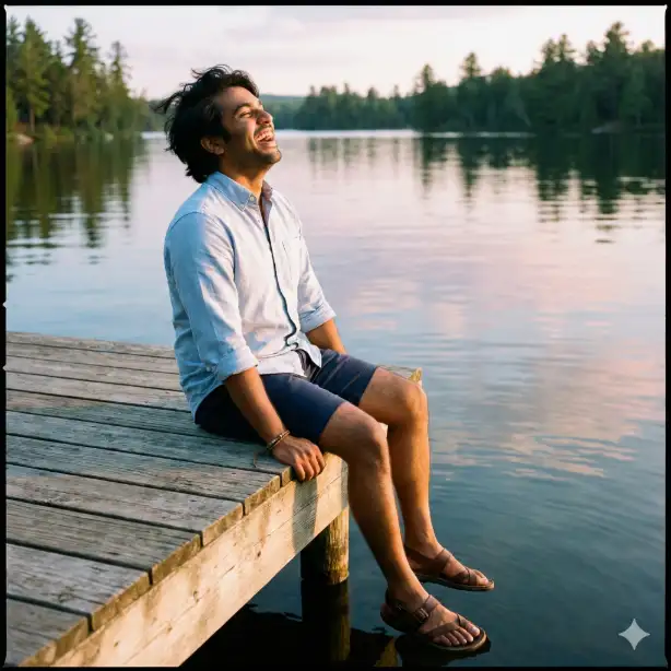 Create a candid photo of a man in his late 20s with South Asian features and warm brown eyes, laughing genuinely with his head thrown back slightly, sitting on a weathered wooden dock at a lake with his legs hanging over the edge, wearing a casual light blue oxford shirt with sleeves rolled to the elbows and navy shorts with brown leather sandals, a simple cord bracelet on his wrist, thick dark hair slightly windswept, calm lake water reflecting soft pastel sky colors behind him with distant pine trees on the shoreline, warm late afternoon light casting long soft shadows and a golden glow on his skin, shot from a slightly elevated angle as a full body seated shot, carefree and genuine mood with soft blue golden and green tones, outdoor adventure lifestyle photography. Use aspect ratio 1:1.