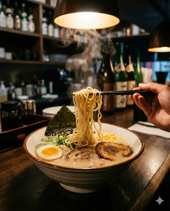 Create a realistic close-up photo of a large ceramic bowl of tonkotsu ramen on a dark wooden counter. The bowl is filled with rich, milky pork bone broth, thin curly noodles partially lifted by a pair of black chopsticks held by a hand entering the frame from the right, a soft-boiled egg sliced in half showing a jammy orange yolk, sliced chashu pork with caramelized edges, fresh green onion rings, a sheet of nori, and a small pile of corn kernels. Steam is visibly rising from the broth. The camera is at a 30-degree angle, slightly above the bowl, with a shallow depth of field focusing on the egg and noodles. Warm overhead pendant light with a dark, moody izakaya-style background showing blurred shelves and bottles. Rich, warm tones with deep shadows. Shot with a 50mm lens. Use aspect ratio 4:5.