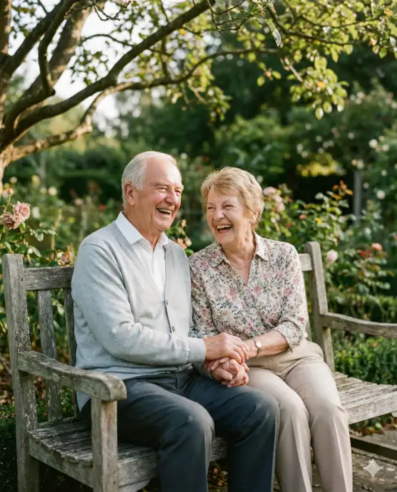Create a candid portrait of an elderly couple in their 70s sharing a laugh on a vintage wooden bench, both wearing elegant casual attire - him in a light grey cardigan over a white shirt, her in a floral blouse and beige slacks. They're holding hands between them. Shot from a straight-on angle at seated eye level. Soft morning light filters through tree branches above. Their faces show genuine wrinkles of joy and years of laughter together. Background is a peaceful garden with blurred greenery and flowers. Timeless, warm color tones. Use aspect ratio 4:5.