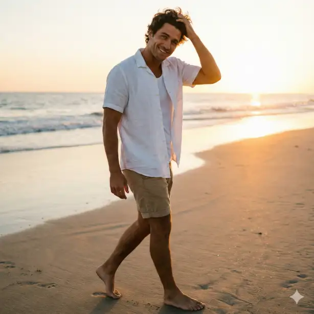 Create a lifestyle photo of a man in his mid-20s with tanned skin and a charming crooked smile, walking along a sandy beach at sunset with his body angled three-quarters toward the camera and one hand running through his tousled dark wavy hair, wearing a relaxed fit white linen short-sleeve shirt unbuttoned over a plain white tee and rolled-up khaki shorts, barefoot on wet sand with gentle waves in the background, warm golden sunset light from behind creating a soft rim light around his silhouette with the front of his face lit by reflected light from the sand, shot from a slightly low angle as a full body shot, carefree adventurous mood with warm amber orange and ocean blue tones, travel lifestyle photography style. Use aspect ratio 1:1.