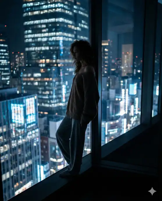 Create a silhouette photo of a young woman leaning her shoulder against a large floor-to-ceiling window at night, looking out. She is wearing an oversized knit sweater that falls off one shoulder and loose lounge pants, with her hair down and slightly tousled. Her figure is a dark silhouette against the bright city lights visible through the window, with hundreds of glowing windows from skyscrapers and distant neon signs creating a sparkling urban backdrop. Faint reflections of the lights appear on the glass surface. The room behind her is completely dark. The camera is inside the room, positioned at eye level and slightly off to the side. Cool blue and white tones from the city contrasted with the warm faint glow on her outline. Intimate, cinematic, contemplative mood. Shot with a 50mm lens, shallow depth of field. Use aspect ratio 4:5.