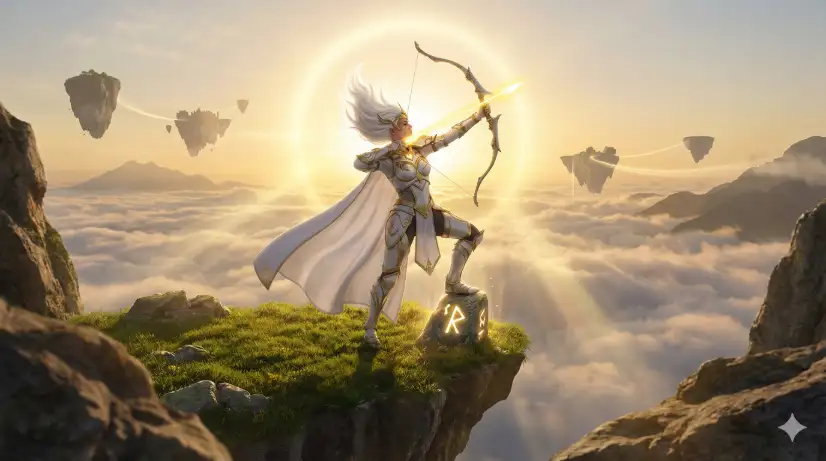 Create a photo of a woman standing at the edge of a small floating island suspended high above the clouds, one foot planted on a glowing rune-carved stone and the other braced against the grassy edge, drawing a bow with an arrow made of pure golden light aimed at the sky. She is wearing white and gold armor with celestial motifs, a flowing white half-cape attached at one shoulder, golden arm guards, and knee-high white boots. Her white hair is long and flowing upward as if caught in an updraft. Her expression is focused and determined. The background shows a breathtaking scene of multiple floating islands at various heights, connected by faint golden light bridges, with a vast sea of clouds below, distant mountain peaks poking through the cloud layer, and a brilliant golden sun directly behind her creating a halo effect. The camera is positioned on an adjacent floating rock, shooting across at her level. Warm golds, pure whites, and soft sky blues with dramatic volumetric god rays. Shot with a 24mm lens, epic wide fantasy composition. Use aspect ratio 16:9.