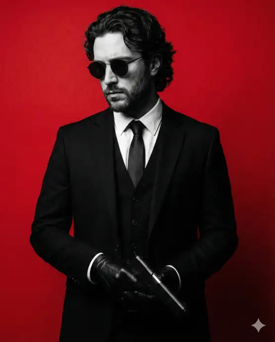 Create a striking neo-noir fashion portrait of a man dressed in a sharp black three-piece suit, white dress shirt, and slim black tie, carrying a gun in the hands. He faces slightly downward and to the side, head tilted with a brooding, introspective expression. His presence feels controlled, distant, and powerful—like a stylish anti-hero caught between worlds. He has medium-length wavy dark hair falling loosely around his temples, a well-groomed beard, and wears round black sunglasses that completely conceal his eyes, amplifying mystery and authority. His posture is relaxed yet deliberate, conveying confidence without effort. The subject is rendered in dramatic black and white, while the background is a rich, textured crimson red, creating intense contrast and visual impact. The red backdrop feels symbolic and emotional, evoking danger, passion, rebellion, and cinematic tension. Lighting is moody and directional, sculpting facial features and suit fabric with subtle highlights and deep shadows. Fine film grain and painterly texture add an editorial, poster-like quality. The image feels like a luxury fashion campaign, noir graphic novel cover, or arthouse film poster. Use aspect ratio 4:5.