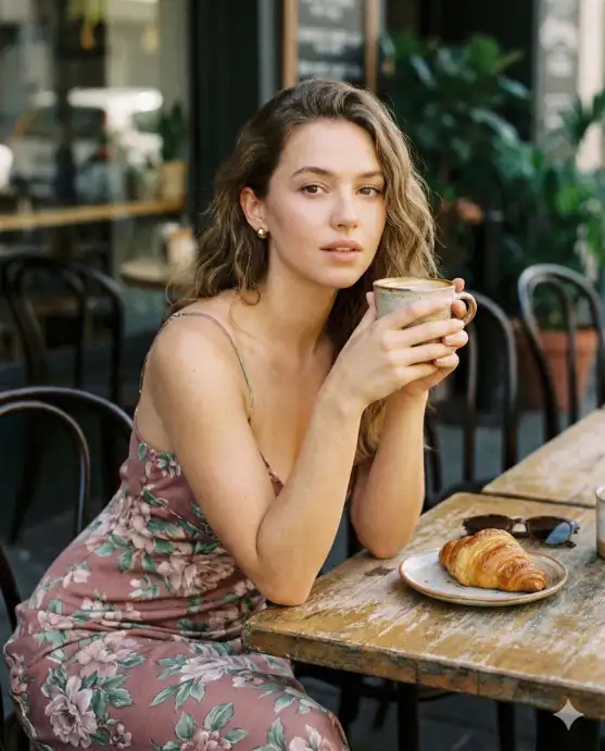 Create a close-up lifestyle photo of a young woman sitting at a small round table outside a café, leaning forward slightly with both hands wrapped around a ceramic coffee cup. She is wearing a floral slip dress in muted dusty rose and sage tones with thin spaghetti straps, and small gold stud earrings. Her hair is down with loose natural waves. On the table beside her is a croissant on a small plate and a pair of sunglasses. The camera is at eye level, slightly close, with a shallow depth of field. Background shows a blurred café frontage with dark metal chairs and greenery. Soft, diffused morning light. Warm, intimate editorial lifestyle feel. Use aspect ratio 4:5.