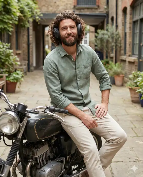 Create a warm, natural lifestyle portrait of a man sitting casually on a motorcycle in an outdoor urban courtyard. He leans slightly forward with one arm resting on his knee and the other near the handlebar, creating a relaxed, approachable posture. He wears a loose, breathable sage-green button-up shirt with the top buttons open, paired with light beige trousers for a soft, contemporary look. He has thick, slightly messy curly hair, a full well-groomed beard, and a gentle, confident smile. Over-ear wireless headphones rest comfortably on his head, suggesting he's immersed in music or enjoying a quiet moment. His expression feels calm, friendly, and content. The motorcycle is classic and understated, partially visible, adding character without overpowering the subject. The background features muted architectural elements, softly blurred to maintain focus on the subject while grounding the scene in a real, lived-in environment. Lighting is soft natural daylight, evenly illuminating the face and clothing with minimal shadows. The color palette is fresh and harmonious: greens, neutrals, and warm skin tones. Depth of field is shallow, producing a gentle bokeh that enhances intimacy. Use aspect ratio 4:5.