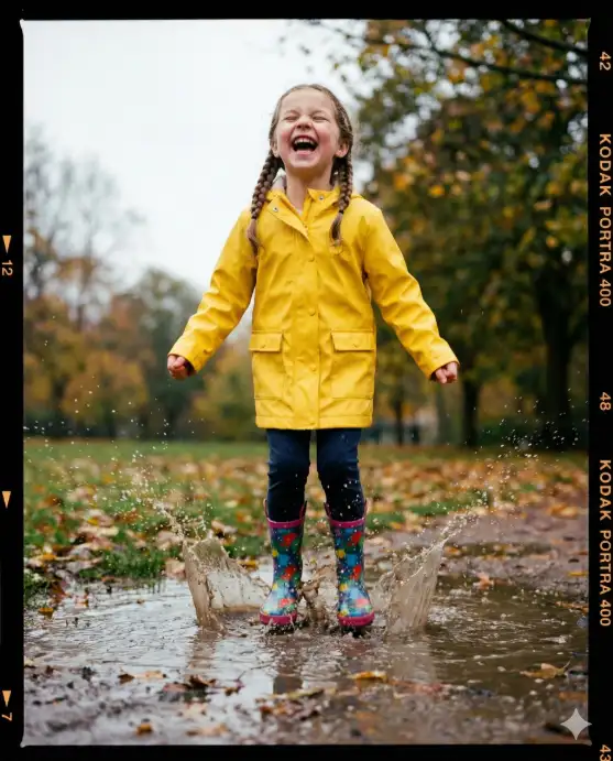 Create a candid portrait of a 7-year-old girl with braided hair erupting in pure belly laughter, wearing a bright yellow raincoat and colorful rain boots. She's jumping in a puddle with water splashing around her feet. Shot from a low angle looking slightly up, capturing her mid-jump with arms spread wide. Overcast day lighting provides soft, even illumination. Background shows a rainy park setting with blurred autumn trees. Her face shows unfiltered childhood joy with eyes squeezed shut. Vibrant colors pop against the grey sky. Use aspect ratio 4:5.