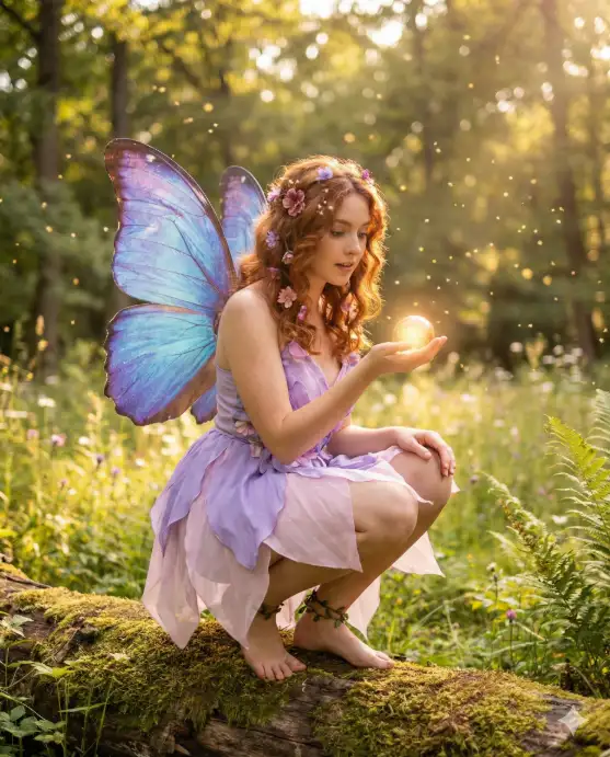 Create a photo of a young woman crouching on a mossy log in a sunlit forest clearing, one hand gently cupping a small glowing orb of light and the other resting on her knee. She is wearing a short dress made of layered translucent petals in shades of lavender and pale pink, with bare feet and delicate vine anklets. She has large, intricate butterfly wings extending from her back in iridescent shades of blue and purple. Her hair is a warm auburn, styled in loose curls adorned with tiny wildflowers and dewdrops. Her expression is curious and gentle, looking down at the glowing orb. The background features soft bokeh of a sun-drenched meadow with wildflowers, ferns, and golden pollen particles floating in the air. The camera is at a slightly low angle, shooting upward. Warm, golden, dreamy light with a soft pastel color palette. Shot with a 50mm lens, shallow depth of field. Use aspect ratio 4:5.