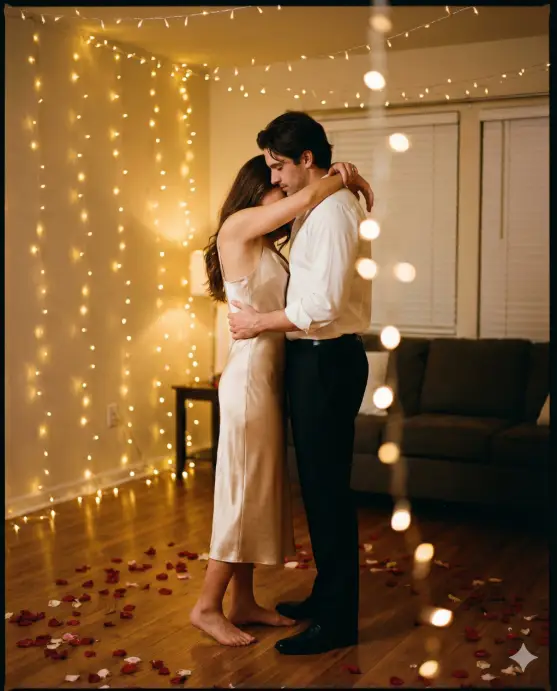 Create an intimate photo of a couple slow dancing in their living room decorated with string lights and scattered rose petals. The woman wears a silky champagne-colored slip dress and is barefoot. The man wears black dress pants and a white button-down shirt with the top buttons undone and sleeves rolled to his elbows. Shot from a side angle at chest height, capturing their embrace in profile. Warm, dim lighting from string lights and candles creates a romantic ambiance with soft shadows. Shallow depth of field with bokeh from the string lights. Warm color temperature with subtle vignette. Use aspect ratio 4:5.