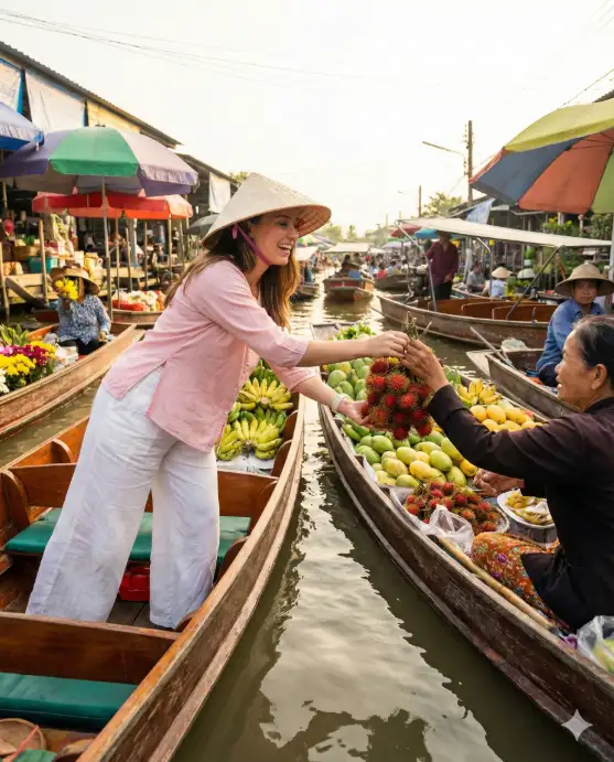 Create a vibrant travel photo of a young woman sitting in a small wooden boat at a floating market in the Mekong Delta, Vietnam. She is wearing a light pink cotton blouse, wide-leg white linen trousers, and a traditional conical non la hat. She is reaching forward to accept a bunch of rambutan from a vendor in an adjacent boat loaded with colorful tropical fruits, smiling with genuine delight. The water is murky brown-green and other boats packed with produce, flowers, and goods surround them. The camera is in another boat at her eye level, capturing the exchange between her and the vendor with the busy market extending behind them. Bright, warm morning light with vivid greens, reds, and yellows reflecting off the water. Shot with a 28mm lens, travel documentary style. Use aspect ratio 4:5.