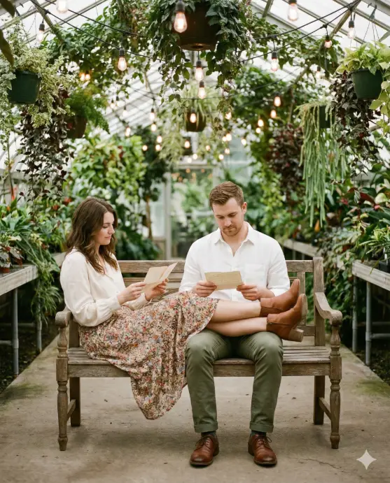 Create a romantic photo of a couple in a greenhouse filled with hanging plants, vines, and strings of Edison bulb lights with a vintage wooden bench in the center. The woman wears a flowing floral midi skirt with a tucked-in cream blouse and brown ankle boots. The man wears olive green chinos and a white linen shirt with brown leather shoes. Shot from a slight distance at eye level capturing the lush greenery surrounding them. Soft, diffused natural greenhouse light mixed with warm Edison bulb glow creates dreamy illumination. The couple sits close on the bench, the woman's legs draped over the man's lap as they read love letters to each other. Earthy, organic color grading with enhanced greens and warm skin tones. Use aspect ratio 4:5.