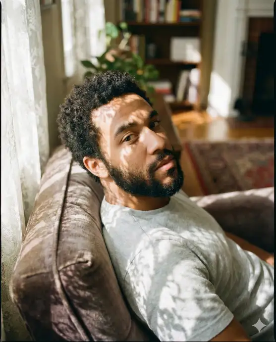 Create a cinematic, intimate close-up portrait of a young man with thick, short, tightly curled dark hair and a well-groomed full beard. He is reclining slightly on a sofa or cushioned chair indoors, his body angled away from the camera while his head turns back over his shoulder to look directly into the lens. His gaze is calm, steady, and introspective, with a subtle intensity in his eyes. Warm, natural sunlight filters through a nearby window, casting soft, dappled shadows across his face and upper body, suggesting light passing through sheer curtains or nearby foliage. The interplay of light and shadow creates a dramatic, artistic pattern on his skin and light-colored T-shirt, enhancing texture and depth. He wears a simple, slightly loose off-white or pale gray T-shirt, casual and understated. The background is softly blurred, revealing hints of bookshelves and a cozy interior space, contributing to a warm, lived-in atmosphere. Use aspect ratio 4:5.