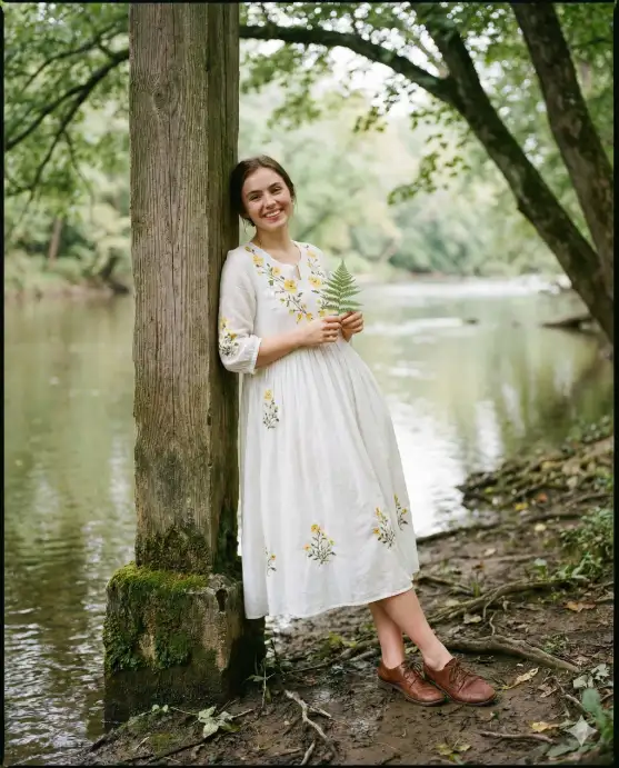 Create a natural, softly lit outdoor portrait of a young woman leaning casually against a weathered wooden pillar near a calm riverside or lakeside setting. The environment is lush and green, with trees arching overhead and blurred foliage in the background. The ground beneath her is slightly muddy with scattered roots and damp earth, suggesting a recent rain or proximity to water. She stands with relaxed confidence, one leg slightly bent and crossed casually in front of the other. One hand rests lightly against the moss-covered concrete base of the pillar, holding a small green fern leaf, adding an organic, playful detail. Her expression is expressive and candid, giving the portrait personality and charm. She wears a loose, flowy white cotton dress with three-quarter sleeves. The dress features delicate embroidered floral detailing around the neckline in soft yellow and green tones. The fabric appears lightweight and breathable, gently draping over her frame and catching soft natural light. She pairs it with rustic brown leather lace-up shoes, adding an earthy, bohemian touch. Use aspect ratio 4:5.