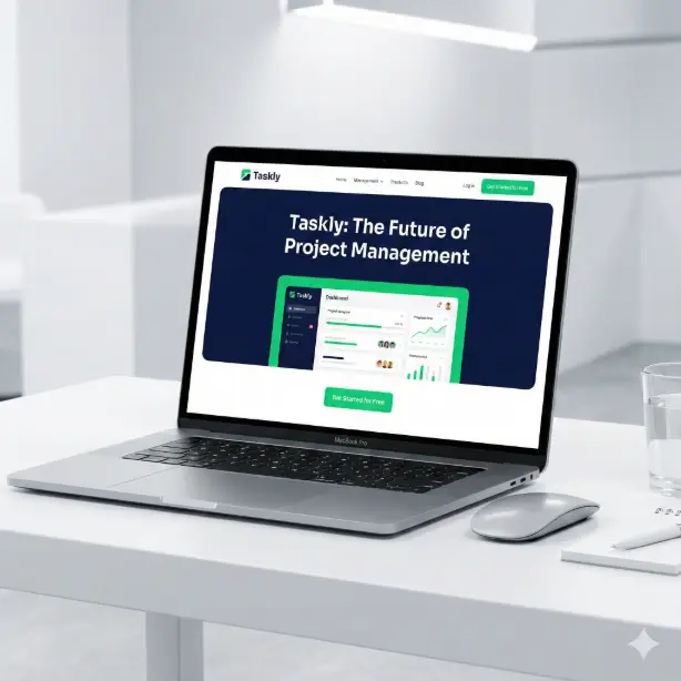 Create a product mockup of a sleek silver MacBook Pro displaying the landing page of "Taskly Project Management" with a hero section featuring a bold headline in dark navy, a colorful dashboard illustration, and a bright green call-to-action button, the laptop placed on a minimalist white desk with a wireless mouse, a small notepad, and a glass of water beside it, bright clean studio lighting from above with soft reflections on the laptop screen, white and light gray office environment background slightly blurred, shot from a slightly elevated three-quarter angle capturing the full screen and keyboard, professional and SaaS-forward mood with a palette of navy, bright green, white, and soft gray, tech product lifestyle photography style. Use aspect ratio 1:1.