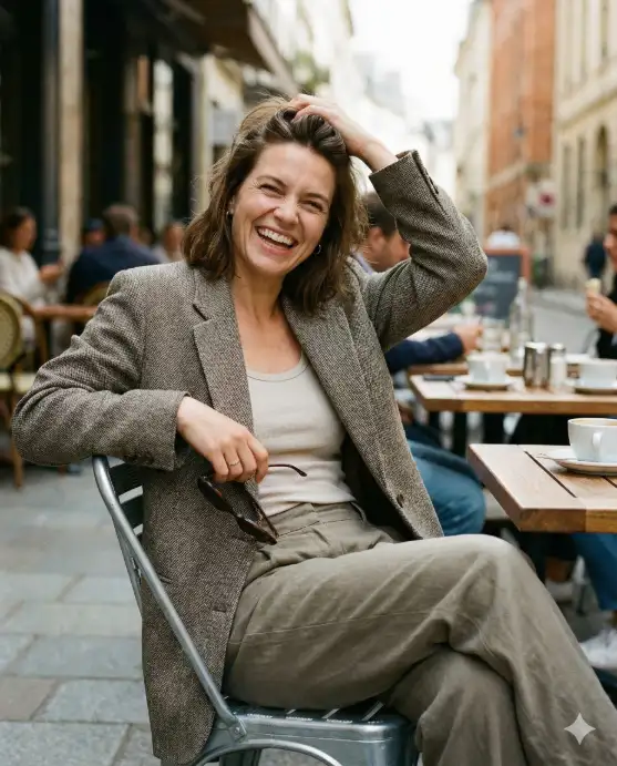Create a candid laughing portrait of a woman sitting at an outdoor café table, leaning back slightly in her chair while laughing, one hand resting on the table and the other touching her hair. She is dressed in a stylish blazer over a tank top, paired with relaxed trousers and sunglasses resting on the table. Shot from a slightly angled perspective, chest-up framing, with natural daylight and soft shadows. Background includes blurred café chairs, coffee cups, and warm city textures, creating a trendy Instagram lifestyle look. Use aspect ratio 4:5.