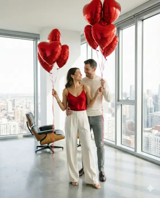 Create a modern photo of a couple in a minimalist apartment with floor-to-ceiling windows, holding heart-shaped red balloons. The woman wears wide-leg ivory trousers with a red silk camisole and gold jewelry. The man wears fitted gray trousers and a cream cashmere sweater. Shot from a medium distance at waist height with the city skyline visible through the windows. Bright natural window light creates clean, crisp illumination. The couple stands close together, the woman in front with the man's arms around her, both holding balloon strings and looking at each other. Clean, contemporary editing with bright whites and vibrant accent colors. Use aspect ratio 4:5.