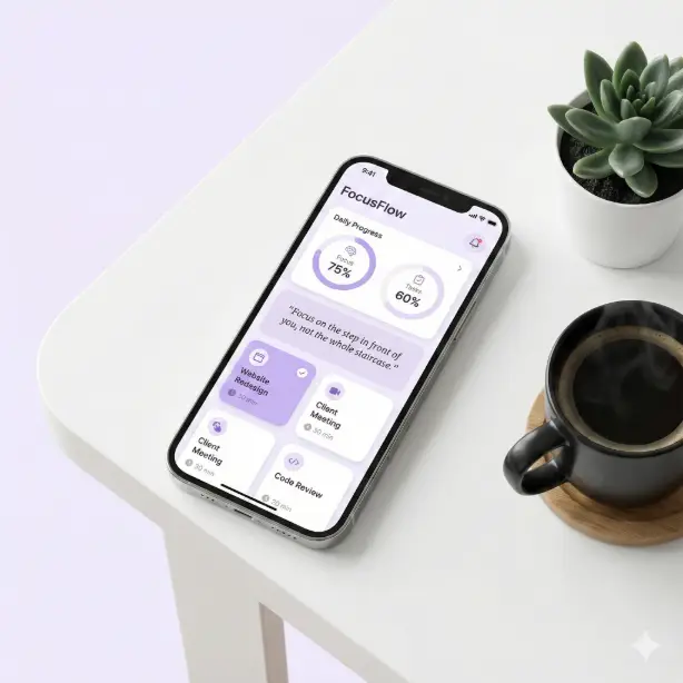 Create a product mockup of a smartphone displaying the "FocusFlow Productivity App" interface on its screen, showing a clean dashboard with task cards in soft purple and white, daily progress rings, and a motivational quote section, the phone standing upright in a minimalist wooden phone stand on a clean white desk, a small succulent plant and a cup of black coffee placed nearby, bright even studio lighting from above with soft natural fill light from the left, clean white background with a faint lavender tint, shot straight on at eye level focusing on the screen content and the phone's slim profile, modern and productive atmosphere with a palette of soft purple, white, and warm wood tones, tech UI product photography style. Use aspect ratio 1:1.