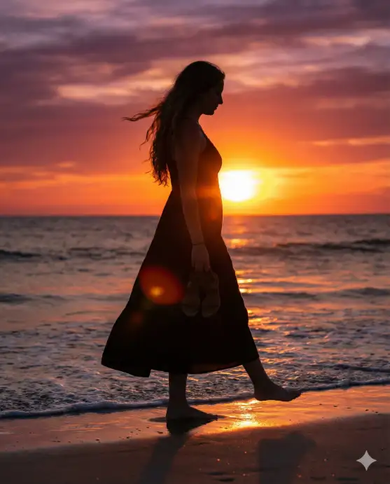 Create a silhouette photo of a young woman walking barefoot along the shoreline at sunset, captured in profile view mid-step with one foot slightly off the ground. She is wearing a flowy ankle-length sundress that catches the breeze, with her hair loose and blowing behind her. She is holding her sandals in one hand at her side. The sun is setting directly behind her on the horizon, casting her entire figure as a deep black silhouette against a vivid sky of deep orange, magenta, and purple tones. Gentle waves are lapping at her feet with light reflecting off the wet sand. The camera is at hip height, shooting from a side angle. Shot with a 50mm lens, golden backlit glow with warm color grading and soft lens flare. Use aspect ratio 4:5.