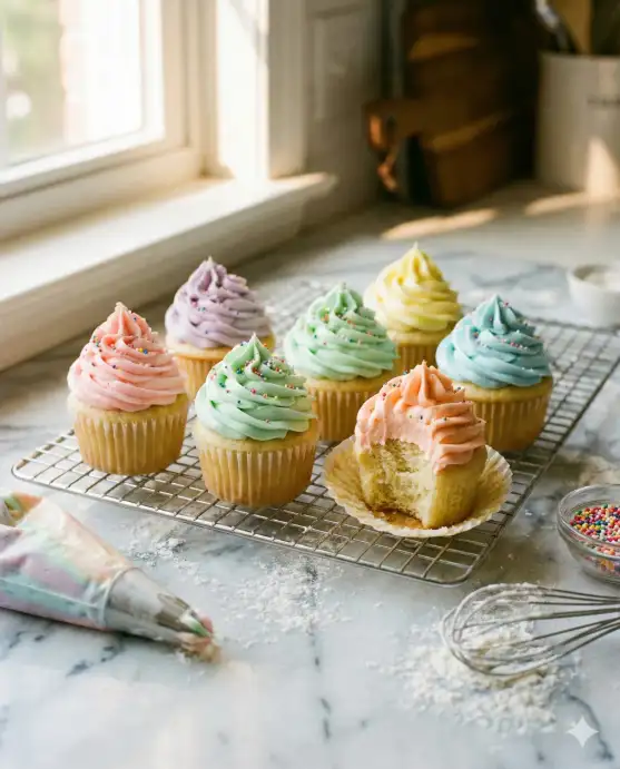 Create a realistic photo of six freshly frosted cupcakes arranged on a wire cooling rack on a flour-dusted marble countertop. Each cupcake has a different pastel-colored buttercream swirl, including soft pink, lavender, mint green, pale yellow, baby blue, and peach. The frosting is piped in tall, textured swirls with a few rainbow sprinkles on each. One cupcake has a bite taken out of it, showing the fluffy vanilla interior. A piping bag with leftover frosting, a small bowl of sprinkles, and a whisk sit nearby, creating a messy but charming baking scene. The camera is at counter level, shooting slightly upward. Soft, warm natural light from a kitchen window on the left. Light, airy, cheerful color palette with pastel tones. Shot with a 50mm lens. Use aspect ratio 4:5.