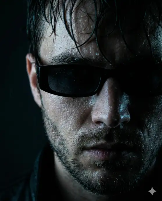 Create an extreme close-up cinematic portrait of a man's face in low-key lighting, captured with razor-sharp detail. His skin is wet with fine water droplets, beads of moisture clinging to his forehead, cheeks, eyelashes, and jawline, creating a tactile, almost rain-soaked texture. Strands of damp hair fall naturally across his forehead, slightly disheveled. He wears narrow black rectangular sunglasses. The gesture feels deliberate and confrontational, as if caught mid-moment. Lighting is dramatic and directional, sculpting facial structure and emphasizing pores, droplets, and skin texture. Highlights catch on the water beads and sunglasses, while deep shadows fall into the background, which is completely dark and minimal, isolating the subject. The color palette is restrained and moody, deep blacks, muted skin tones, and subtle cool highlights. The image feels like a high-end fashion editorial fused with neo-noir cinema, charged with tension, mystery, and quiet power. Use aspect ratio 4:5.
