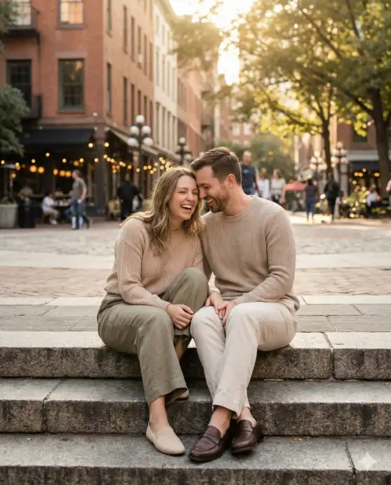 Create a candid laughing portrait of a couple sitting close together on steps or a bench, leaning into each other while laughing naturally. Their posture shows comfort and connection, with relaxed shoulders and subtle body contact. Both are dressed in coordinated casual outfits with neutral tones and soft textures. Shot at eye level with a warm color grade, shallow depth of field, and natural light. Background is an outdoor urban setting with blurred architecture, giving a cozy yet stylish Instagram feel. Use aspect ratio 4:5.