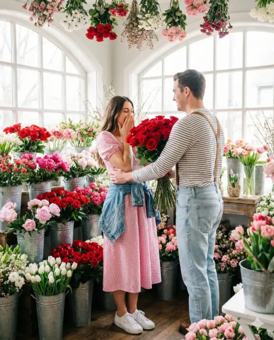 Create a whimsical photo of a couple in a flower shop completely surrounded by bouquets of red roses, pink peonies, and white tulips in vintage metal buckets. The woman wears a pink gingham midi dress with white sneakers and a denim jacket tied around her waist. The man wears light wash jeans and a striped long-sleeve shirt with suspenders. Shot from a medium distance at chest height capturing the abundance of flowers around them. Soft, diffused natural light from large shop windows creates even, flattering illumination. The man presents the woman with an oversized bouquet of red roses while she covers her mouth in delighted surprise. Bright, cheerful color grading with enhanced floral tones. Use aspect ratio 4:5.