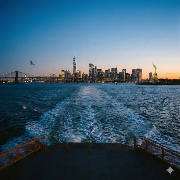 Create a breathtaking photograph from the back deck of the Staten Island Ferry looking back at the receding Manhattan skyline at blue hour. The dramatic cluster of Financial District skyscrapers sparkles with thousands of lit office windows. The Freedom Tower rises tallest, its spire illuminated. The wake of the ferry creates white foam trails leading back toward the shore. The Statue of Liberty is visible to the right in the harbor, her torch glowing. Seagulls fly alongside the boat. The sky transitions from deep blue at the top to warm orange at the horizon where the sun has just set. The Brooklyn Bridge spans the East River to the left. No passengers visible, just the iconic view. Use aspect ratio 1:1.