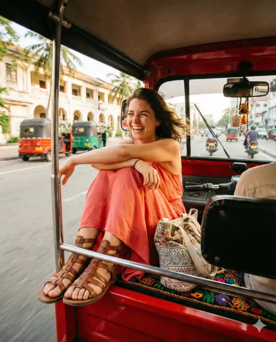 Create a candid travel photo of a young woman sitting in the back of a bright red tuk-tuk in Colombo, Sri Lanka, leaning out slightly with one arm resting on the open side frame. She is wearing a flowy coral sundress and brown gladiator sandals with a canvas tote bag beside her on the seat. Her hair is windblown and she is laughing with her eyes slightly squinted from the sun and breeze. The tuk-tuk interior has a colorful patterned seat cover and small decorative items hanging from the rearview mirror. Through the open sides, the blurred motion of a busy Colombo street is visible with colonial-era buildings, palm trees, other tuk-tuks, and motorcycles. The camera is inside the tuk-tuk facing her from the opposite seat. Bright, warm tropical light with motion blur in the background and sharp focus on her face. Shot with a 28mm lens, f/2.8, joyful candid travel style. Use aspect ratio 4:5.