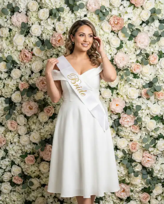 Ceate a photo of a beautiful bride-to-be standing in front of a flower wall made of white roses, blush peonies, and eucalyptus greenery, wearing an elegant white off-shoulder midi dress, one hand gently touching her hair, the other holding a "Bride" sash across her chest, soft smile with eyes looking slightly to the right, full body shot from a straight-on angle, even studio lighting with soft diffusion, creamy bokeh background, shot on Sony A7IV, 50mm lens, f/2.0. Use aspect ratio 4:5.