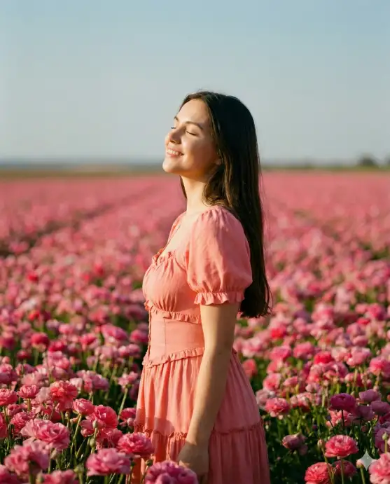 Create a serene portrait of a young woman standing in the middle of a vast field of vibrant pink flowers stretching endlessly to the horizon. She wears a soft coral-pink dress with short puffed sleeves, a fitted bodice, and delicate ruffled details along the collar and sleeve hems. Her long, dark hair falls naturally over her shoulders. She tilts her head slightly upward with her eyes closed and a peaceful, radiant smile on her face, as if savoring the warmth of the sun and the scent of the flowers. Her expression conveys calm joy and quiet gratitude. The flowers around her are densely packed and richly saturated, forming a sea of pink blossoms that blend softly into the distance. The background gradually fades into a soft, muted horizon beneath a pale blue sky, creating a dreamy, minimalist backdrop. Composition should be vertical, centered framing with the subject from mid-torso upward. Aim for a cinematic, romantic aesthetic with high color harmony between the dress and the flower field. The overall mood should feel peaceful, airy, and emotionally uplifting. Use aspect ratio 4:5.