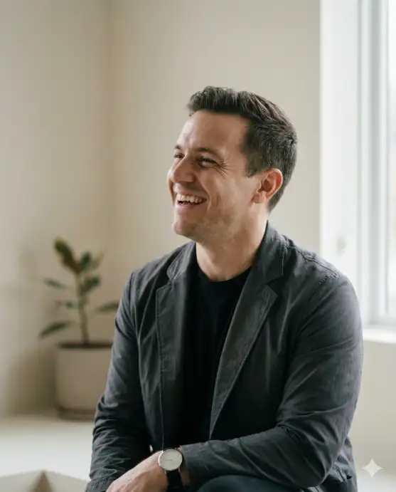 Create a candid laughing portrait of a man looking away from the camera, caught mid-laugh as if reacting to someone off-frame. His posture is relaxed, shoulders slightly turned, chin angled upward. He is wearing a modern monochrome outfit with a fitted t-shirt, lightweight jacket, and subtle accessories like a watch. Shot with a shallow depth of field using a portrait lens, soft directional lighting highlighting facial contours. Background is a minimalist indoor space with neutral walls and soft shadows, styled like a clean Instagram portrait. Use aspect ratio 4:5.