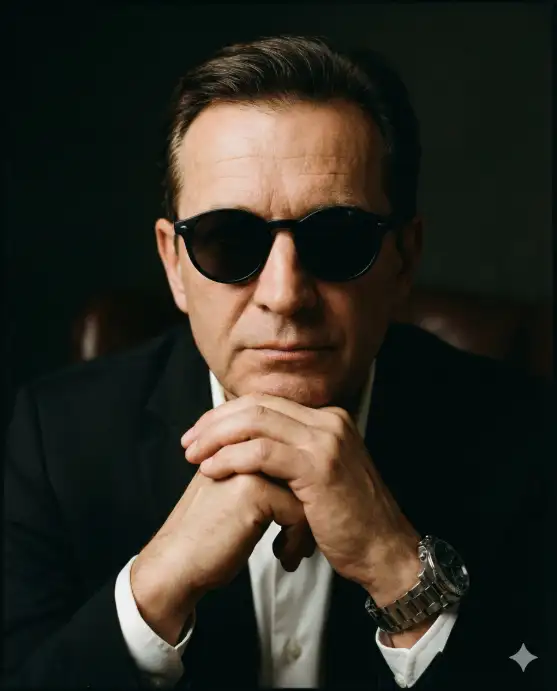 Create an intense, moody close-up portrait of a mature man seated in a dark interior, framed from the chest up. He faces the camera directly with a calm, commanding expression, lips relaxed, projecting confidence and quiet power. His hands are clasped together beneath his chin, fingers interlocked, forming a deliberate and thoughtful pose. He wears round black sunglasses with dark lenses that obscure the eyes, adding mystery and authority. He is dressed in a sharp black suit jacket over a crisp white dress shirt, paired with a classic metal wristwatch visible on his wrist. Lighting is low-key and cinematic, with soft directional light illuminating the face and hands while the background falls into deep shadow. Subtle highlights define skin texture, knuckles, and fabric, creating depth without harsh contrast. The background is dark, textured, and minimal, keeping full focus on the subject. Color palette is restrained and dramatic: deep blacks, muted browns, warm skin tones, and soft metallic accents. The image has a refined, film-noir atmosphere with a slight grain, evoking power, intelligence, and introspection. Use 4:5 aspect ratio.