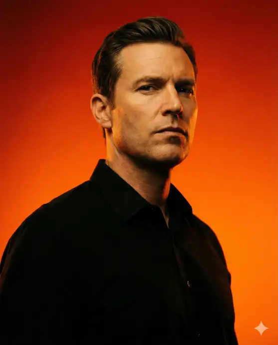 Create a striking cinematic portrait of a man framed from the chest up, photographed from a slightly low angle to emphasize strength, leadership, and heroism. He faces slightly off-camera, gaze fixed forward with a calm, determined expression, stoic, confident, and unshaken. He wears a minimal black collared shirt with a clean, modern cut, understated and timeless, reinforcing a grounded, no-nonsense presence. His hair is neatly styled, masculine and practical. The background is a bold, seamless gradient of intense fiery orange and red tones, glowing like a sunset or controlled blaze. Lighting is dramatic and cinematic: a strong warm key light illuminates one side of his face, while soft shadows sculpt the other, creating depth and heroic contrast. Subtle rim lighting separates him from the background, enhancing silhouette and stature. Color grading is rich and saturated, with warm highlights and deep shadows. The image feels like a movie poster, superhero origin story, or cinematic character reveal—powerful, minimal, and iconic. Use aspect ratio 4:5.