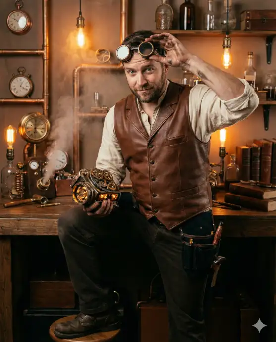 Create a photo of a man standing at a cluttered wooden workbench in a steampunk workshop, one hand adjusting brass goggles pushed up on his forehead and the other holding a complex mechanical device with spinning gears and glowing amber lights. He is wearing a fitted brown leather vest over a cream linen shirt with rolled-up sleeves, dark trousers with a tool belt, and heavy work boots. His forearms show oil stains, and he has a short, well-groomed beard. His expression is focused and slightly amused, looking directly at the camera. The background is a richly detailed workshop filled with brass pipes running along the ceiling, shelves of glass bottles and strange devices, ticking clocks of various sizes, leather-bound books, and warm amber light from Edison bulbs. The camera is at chest height, slightly off-center. Warm copper, amber, and brown tones with rich contrast and soft steam in the air. Shot with a 35mm lens, editorial portrait style. Use aspect ratio 4:5.