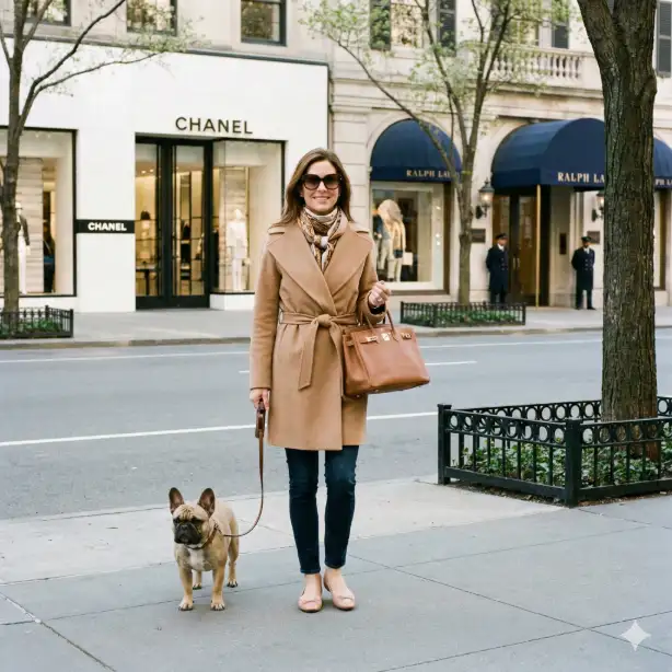 Create an elegant street photograph of a sophisticated woman in her 40s walking a well-groomed dog on Madison Avenue in the Upper East Side. She wears a camel cashmere wrap coat, silk scarf tied at the neck, slim dark jeans, and ballet flats. Large designer sunglasses cover her eyes, and a Birkin bag hangs from her arm. The dog is a French Bulldog. Shot from across the avenue at eye level, the background shows upscale boutique storefronts with elegant window displays, doormen in uniform at building entrances, and perfectly manicured street trees with small fences. Soft morning light flatters the refined scene. Use aspect ratio 1:1.