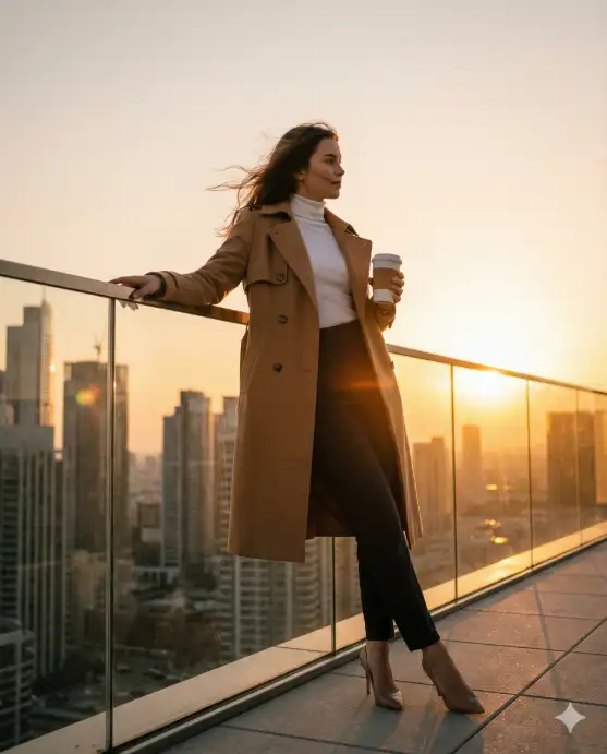 Create a photo of a young woman standing near the edge of a rooftop terrace at golden hour, leaning slightly against a glass railing with one hand resting on it and the other holding a coffee cup. She is wearing a fitted camel-colored trench coat over a white turtleneck and dark slim-fit trousers with pointed heels. Her hair is blowing gently in the wind. The camera angle is slightly low, shooting upward to capture her silhouette against a warm glowing sky with a sprawling city skyline of skyscrapers in the soft background. Warm amber and peach tones fill the frame with natural lens flare from the setting sun. Shot with a 50mm lens, shallow depth of field, cinematic color grading. Use aspect ratio 4:5.
