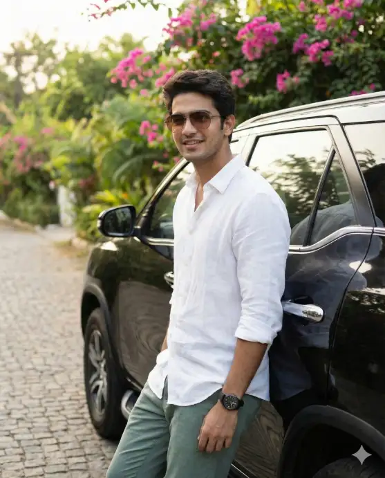 Create a stylish, candid portrait of a confident young man standing beside a sleek black SUV parked outdoors. He leans casually against the vehicle with one hand resting near his pocket and the other relaxed by his side, exuding effortless charm and self-assurance. He wears lightly tinted aviator-style sunglasses that reflect soft daylight. His expression is warm and relaxed, with a subtle, friendly smile. He is dressed in a loose, breathable white linen shirt with sleeves casually rolled up to the forearms, slightly unbuttoned at the collar for a relaxed look. The fabric appears lightweight and textured. He pairs it with muted sage-green trousers, creating a refined yet laid-back color palette. A dark wristwatch adds a subtle, modern accessory detail. Behind him, lush greenery and vibrant pink bougainvillea flowers fill the background, creating a rich, tropical atmosphere. The foliage is slightly blurred using shallow depth of field, making the subject sharply stand out while maintaining a soft, cinematic background bokeh. The glossy black SUV reflects hints of light and surrounding colors, adding depth and contrast to the composition. The mood is relaxed, confident, and aspirational, like a lifestyle editorial shoot. Use aspect ratio 4:5.