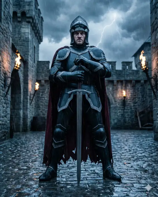 Create a photo of a man standing in the center of a rain-soaked medieval castle courtyard, feet planted wide in a battle-ready stance, both hands gripping the hilt of a massive broadsword with its tip resting on the wet cobblestones. He is wearing full matte black plate armor with silver trim, a tattered dark crimson cape draped over one shoulder, and heavy leather gauntlets. His face is partially obscured by a half-raised visor on his helmet, revealing a sharp jawline and intense eyes. Rain is falling heavily around him. The background shows tall stone castle walls with iron torches flickering on either side, dark storm clouds overhead, and lightning illuminating the sky. The camera is at a low angle, shooting upward to emphasize his imposing stature. Cold blue and steel gray tones with dramatic contrast and cinematic lighting. Shot with a 35mm lens, wide composition. Use aspect ratio 4:5.
