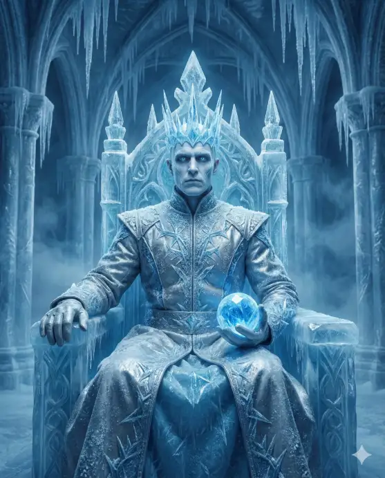 Create a photo of a man seated on a massive throne carved entirely from ice in the center of a frozen cathedral-like hall, one hand resting on the armrest with fingers slightly raised and the other holding a glowing blue crystal orb on his lap. He is wearing a long silver and ice-blue robe with frost patterns crystallized along the fabric, a high structured collar, and a crown made of jagged ice shards. His skin is pale with a faint blue undertone, and his eyes appear to glow a soft icy blue. His expression is cold and regal, staring directly into the camera. The background features towering ice pillars, frozen archways, icicles hanging from the ceiling, and a faint blue mist creeping across the floor. The camera is at a slightly low angle, centered on the throne. Cold blue and silver tones with sharp crystalline highlights and dramatic shadows. Shot with a 35mm lens, symmetrical composition. Use aspect ratio 4:5.