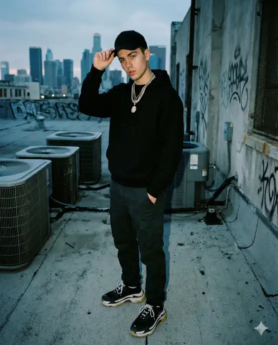 Create a bold urban rooftop portrait of a young man standing with one hand in his pocket and the other adjusting his cap, body slightly angled away from the camera while his eyes look directly into the lens. He is wearing a black hoodie, cargo pants, chunky sneakers, and layered chains. Capture from a slightly low, close-up angle to emphasize confidence. The rooftop background includes air conditioning units, textured concrete walls, and a hazy city skyline. Use moody lighting with soft shadows, sharp detail, and cool-toned color grading for a strong Instagram streetwear aesthetic. Use aspect ratio 4:5.