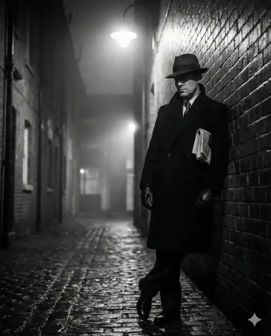 Create a black-and-white film noir photo of a man in his 40s leaning against a wet brick wall in a narrow city alley at night. He is wearing a dark double-breasted overcoat with the collar turned up, a fedora hat tilted slightly forward to shadow his eyes, and dark leather gloves. One foot is flat against the wall behind him, and he has a folded newspaper tucked under one arm. His jaw is tight and his expression is serious, eyes looking down the alley. The camera is at waist height, tilted slightly upward. A single overhead streetlamp casts harsh top-down light, creating deep shadows under his hat brim and coat collar. Fog drifts through the alley and wet cobblestones reflect the light. High contrast monochrome with rich blacks and silvery highlights. Shot with a 35mm lens, cinematic grain. Use aspect ratio 4:5.