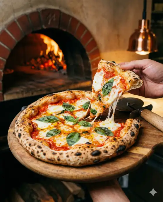Create a realistic photo of a freshly baked Neapolitan margherita pizza on a round wooden pizza peel, just pulled from a wood-fired oven. The pizza has a puffy, charred, leopard-spotted crust with bright red San Marzano tomato sauce, melted and slightly bubbling fresh mozzarella, scattered fresh basil leaves, and a drizzle of olive oil glistening on the surface. A pizza cutter with a wooden handle sits beside it, and one slice is being pulled away with a long cheese stretch visible. The background shows the blurred mouth of a brick pizza oven with glowing embers inside. The camera is at a 45-degree angle from slightly above. Warm, rustic lighting from the oven and overhead pendant lamp. Rich, appetizing color palette with reds, greens, and golden crust tones. Shot with a 35mm lens. Use aspect ratio 4:5.