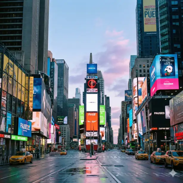 Create a serene photograph of Times Square completely empty at dawn before the city wakes. The famous intersection stretches forward with no people or moving vehicles. Massive digital billboards display frozen advertisements in bright colors against the pale blue pre-sunrise sky. Scattered yellow taxi cabs are parked along the curbs. Wet pavement from overnight cleaning reflects the billboard lights perfectly. Shot from street level looking north, the perspective emphasizes the canyon of buildings. Soft pink and purple clouds visible between skyscrapers. Quiet, almost surreal atmosphere. Use aspect ratio 1:1.