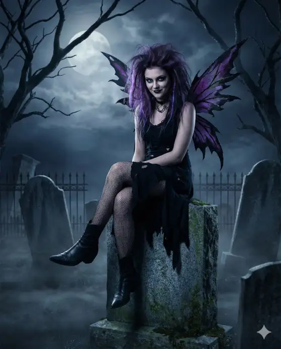 Create a photo of a young woman sitting on top of an old weathered tombstone in a moonlit graveyard, legs crossed at the ankle and hands resting on the stone beside her. She is wearing a tattered black dress with an asymmetric hemline, dark fishnet stockings, pointed black boots, and a choker made of tiny black thorns. She has dark, jagged fairy wings in shades of deep purple and black extending from her back. Her dark hair is wild and tousled with streaks of deep violet, and her makeup features dark smoky eyes and black lips. Her expression is mischievous with a slight smirk. The background shows old leaning gravestones, twisted bare trees, creeping fog along the ground, a wrought iron cemetery fence, and a large pale moon behind thin clouds. The camera is at eye level, slightly off-center. Dark purples, blacks, and cool silver moonlight with deep shadows and a gothic mood. Shot with a 50mm lens, dark editorial fantasy style. Use aspect ratio 4:5.