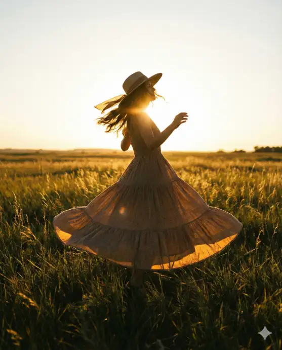 Create a silhouette photo of a young woman mid-twirl in a wide open grassy field at golden hour, her full skirt flaring out around her in a circle with her arms slightly raised and her head tilted back. She is wearing a long flowing maxi dress with a fitted bodice and a wide-brimmed hat that is catching the wind. Her hair is loose and flying outward with the spin. The sun is low on the horizon behind her, creating a brilliant backlight that outlines every edge of her dress and hair with golden rim light. The field stretches out flat to the horizon with soft, tall grass catching the light. The camera is at waist height, capturing the full twirl motion. Warm, dreamy golden tones with lens flare and a soft, romantic mood. Shot with a 50mm lens. Use aspect ratio 4:5.
