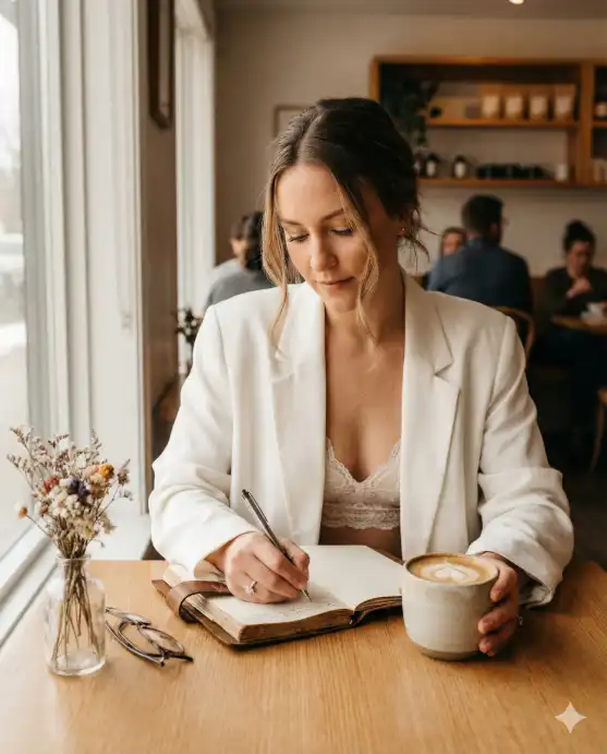 Create a photo of a bride-to-be writing in a journal at a cozy cafe table, wearing a white oversized blazer over a lace bralette, one hand holding a pen, the other wrapped around a latte with a heart design in the foam, soft morning light through a window illuminating the left side of her face, a small vase of wildflowers on the table, engagement ring prominently visible on her writing hand, shallow depth of field blurring the cafe interior, shot from across the table at eye level, 85mm lens, f/1.6, warm muted tones, lifestyle Instagram aesthetic. Use aspect ratio 4:5.
