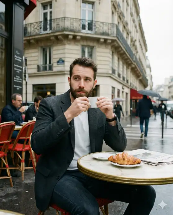 Create a realistic travel photo of a man sitting at a small round marble table at a Parisian sidewalk cafe, holding a small white espresso cup near his lips with both hands. He is wearing a fitted charcoal wool blazer over a plain white t-shirt, dark slim jeans, and clean white leather sneakers. He has light stubble and is gazing off to the side with a calm, thoughtful expression. A croissant on a small plate and a folded newspaper sit on the table. The background shows a classic Haussmann-style building facade with wrought iron balconies, other cafe tables with red bistro chairs, and a few blurred pedestrians passing by on the sidewalk. The camera is at table height, shooting across at eye level. Soft overcast Parisian light with muted cool tones and creamy highlights. Shot with a 50mm lens, shallow depth of field. Use aspect ratio 4:5.