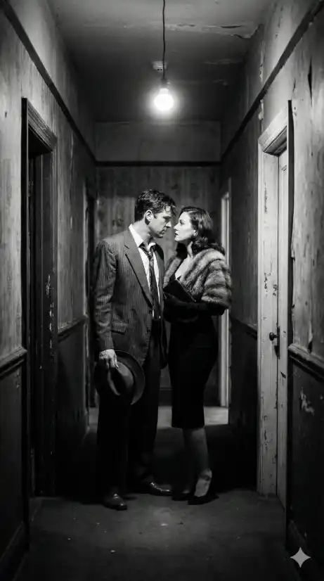 Create a black-and-white film noir photo of a man and woman standing face to face in a narrow, dimly lit hallway of an old hotel. The man is wearing a dark pinstripe suit with a loosened tie and his hat in one hand at his side. The woman is in a fitted black dress with a fur stole draped over one shoulder, holding a small clutch purse against her chest. They are standing close, almost touching, both looking intensely into each other's eyes. The camera is positioned at the far end of the hallway, shooting straight down the corridor to frame them symmetrically between the walls. A single overhead light creates a harsh pool of light between them while the hallway stretches into darkness in both directions. Worn wallpaper and old door frames line the walls. High contrast monochrome with a classic Hollywood noir aesthetic. Shot with a 50mm lens. Use aspect ratio 9:16.