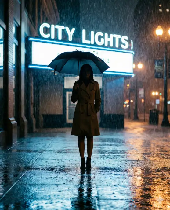 Create a silhouette photo of a woman standing alone on an empty city sidewalk in the rain, holding an open umbrella above her with one hand and her other arm relaxed at her side. She is wearing a belted trench coat that reaches her calves and ankle boots, with her posture straight and composed. Heavy rain is falling all around her, with individual raindrops backlit by a large bright neon sign glowing white and blue behind her on the building across the street. Her figure and the umbrella form a sharp, clean silhouette against the neon glow. Puddles on the pavement reflect streaks of colored light. The camera is at eye level, positioned across the street, capturing the full scene. Cool blue and silver tones with warm amber accents from distant streetlights, moody and cinematic. Shot with a 50mm lens, medium depth of field. Use aspect ratio 4:5.